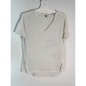 BKE Womens XS Cream V-Neck Short Sleeve Knit Top Relaxed Fit Side Slits